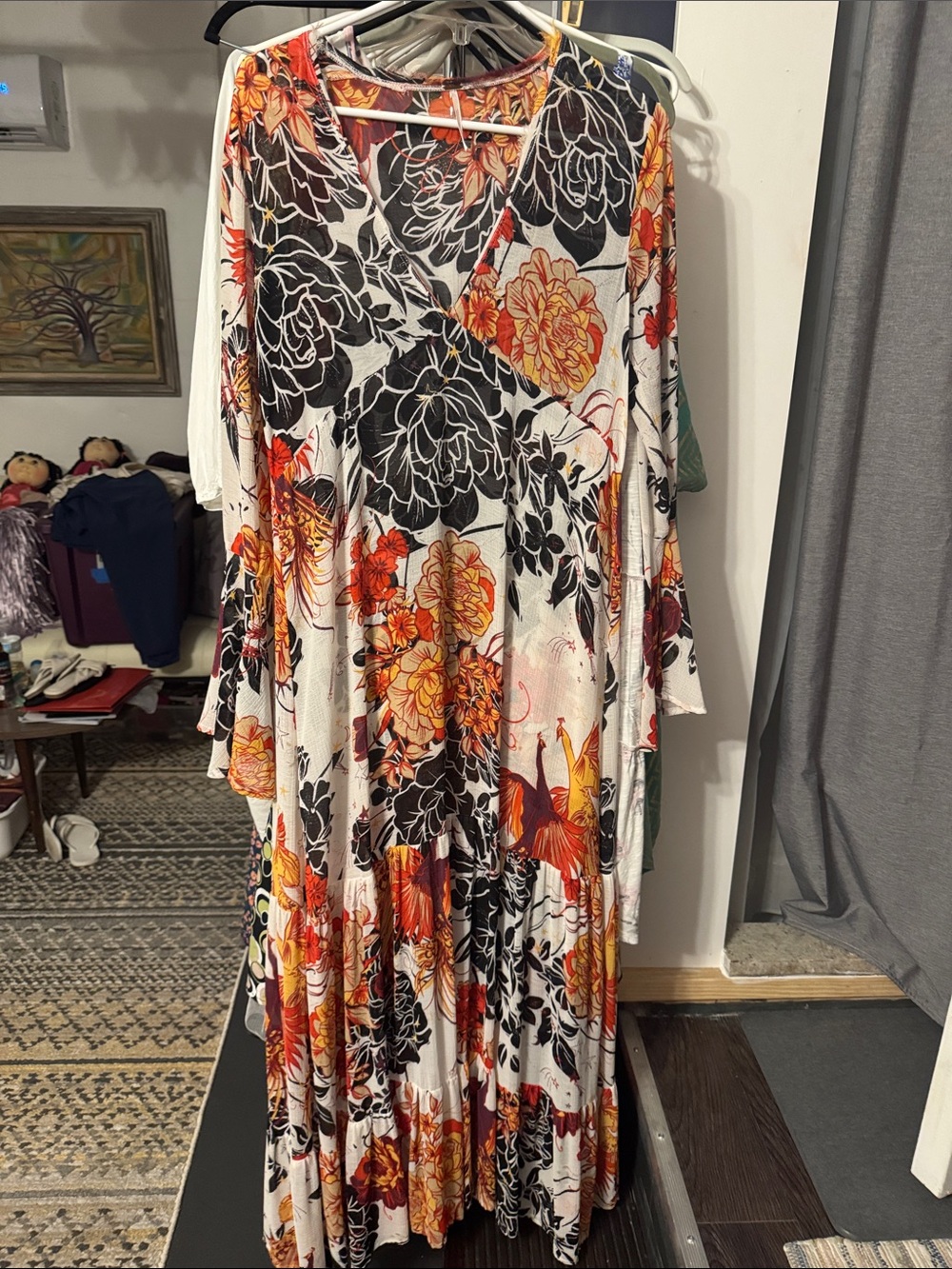 Free People White Maxi Dress with Black & Orange Floral Print